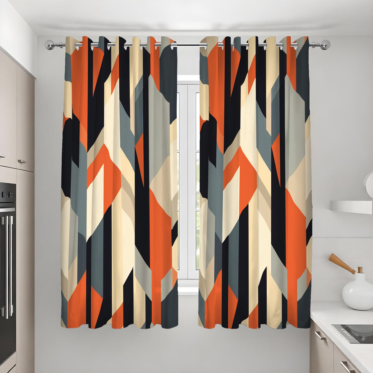 Orange Navy Beige Geometric Curtains, Angular Abstract Drapes
