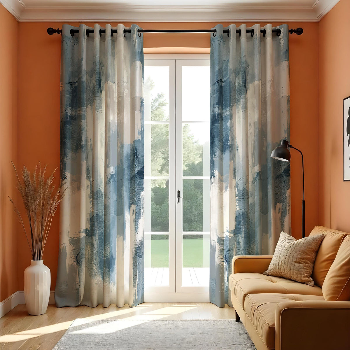 Blue Abstract Brushstroke Curtains, Modern Art Print Drapes