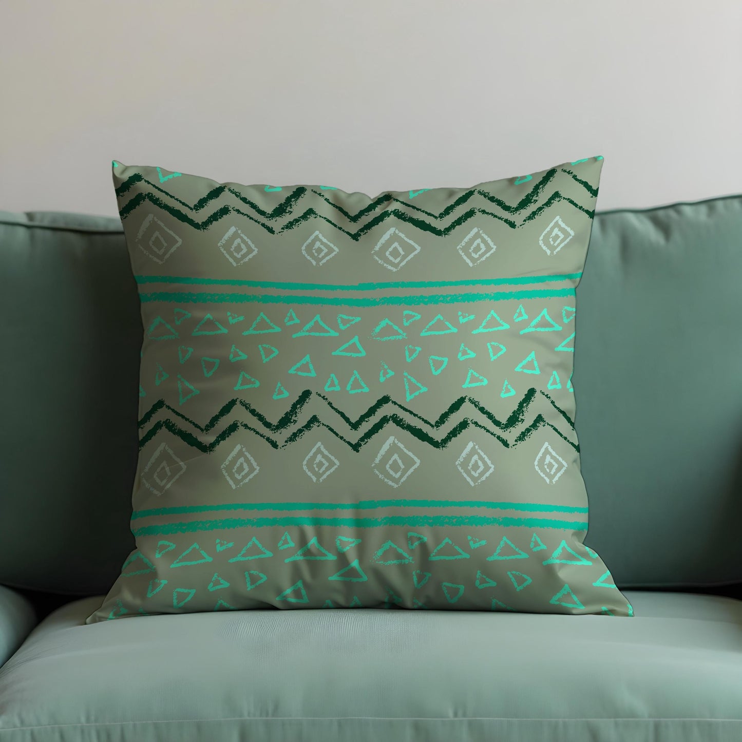 Tribal Geometric Cushion Cover, Sage Green and Teal Pattern Pillow Case