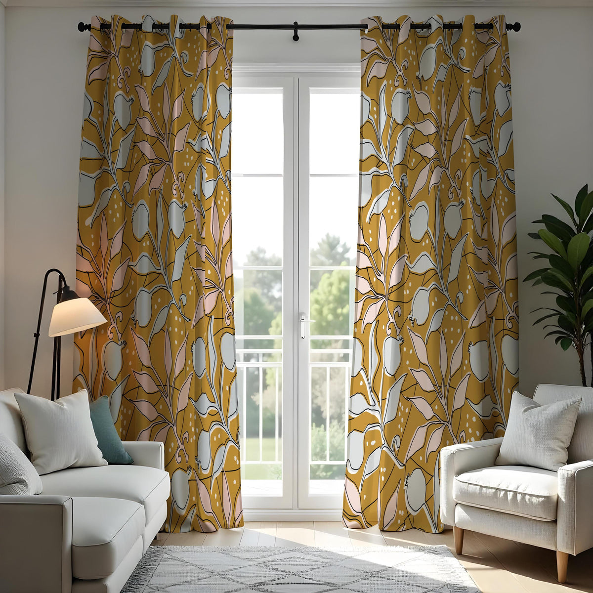 Mustard Botanical Curtains, Retro Mid Century Leaf Drapes