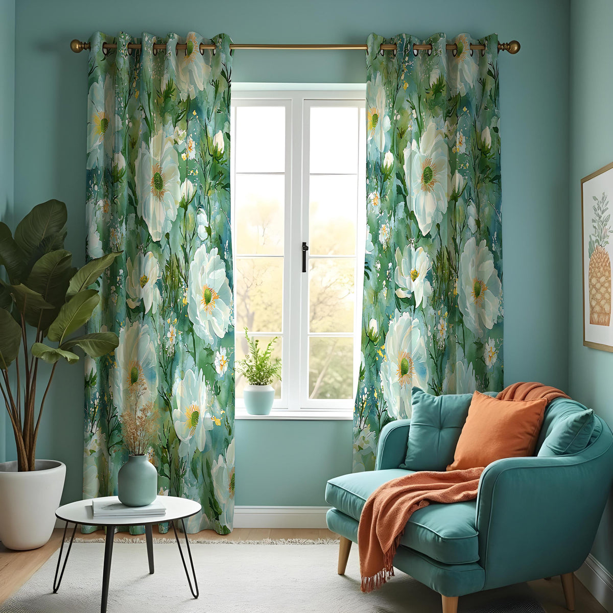 Teal Floral Curtains, Watercolor White Flower Drapes