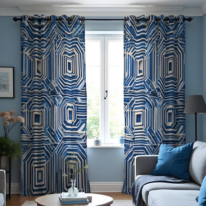 Blue Optical Illusion Curtains, 3D Maze Geometric Drapes