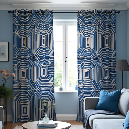 Blue Optical Illusion Curtains, 3D Maze Geometric Drapes