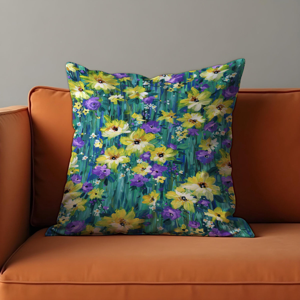 Yellow Blue Floral Cushion Cover, Botanical Pillow Case