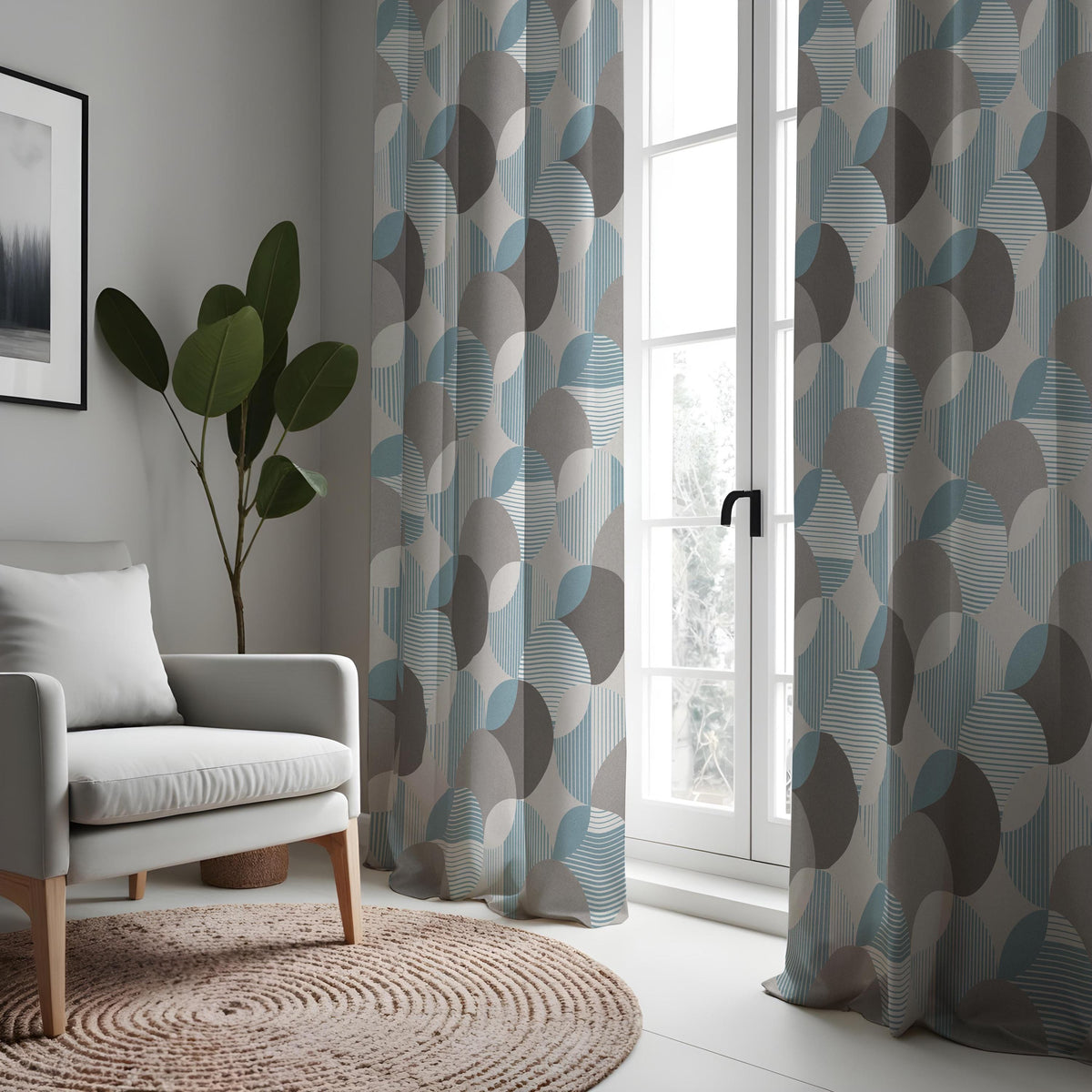 Blue Grey Geometric Curtains, Abstract Made to Measure Drapes