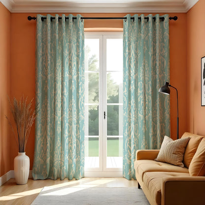 Teal Damask Curtains, Classic Floral Pattern Window Drapes