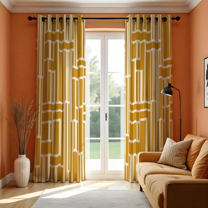 Mustard Yellow Geometric Curtains, Abstract Eyelet Drapes