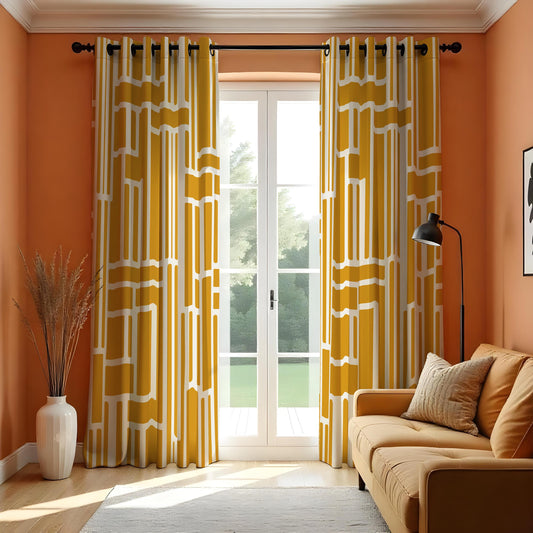 Mustard Yellow Geometric Curtains, Abstract Eyelet Drapes