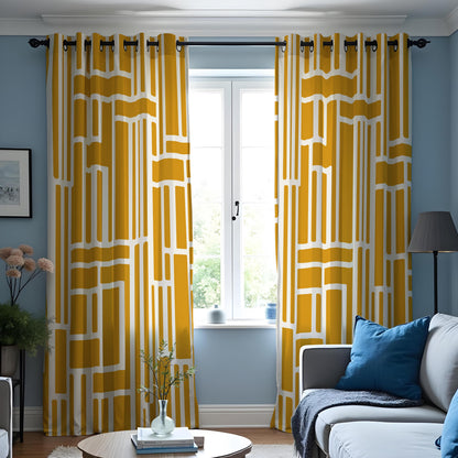 Mustard Yellow Geometric Curtains, Abstract Eyelet Drapes