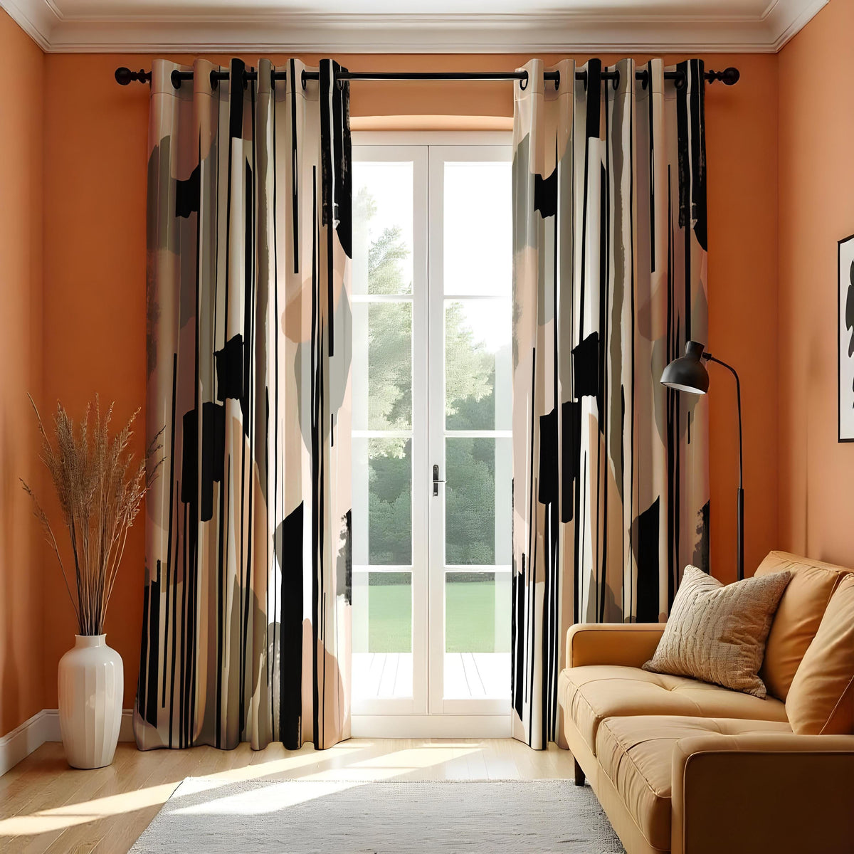 Neutral Abstract Curtains, Beige & Black Minimalist Drapes