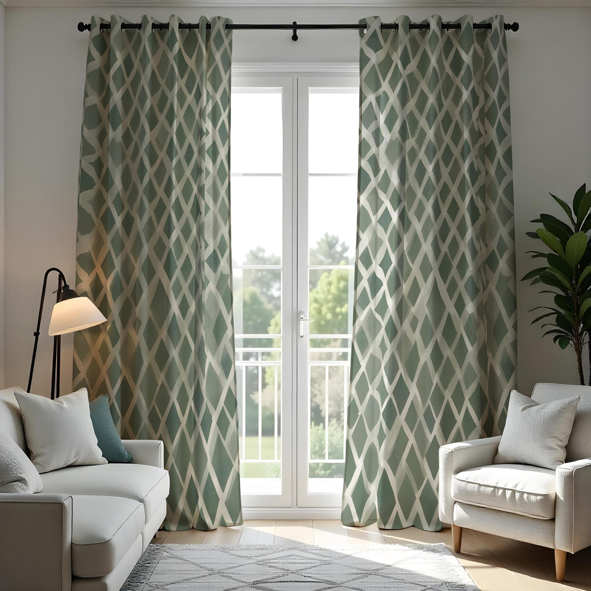 Sage Green Lattice Curtains, Geometric Neutral Drapes