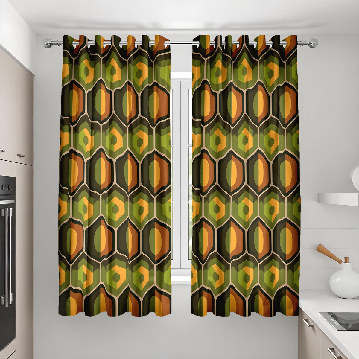 Retro Geometric Curtains, Olive Green & Orange Drapes