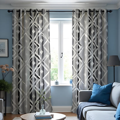 Grey Geometric Curtains, Neutral Abstract Pattern Drapes