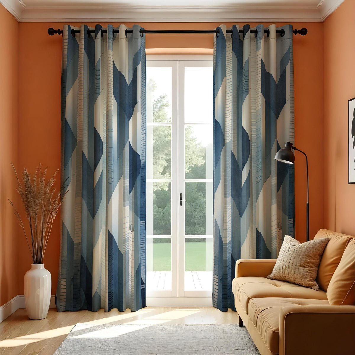 Blue Geometric Curtains, Minimalist Abstract Custom Drapes