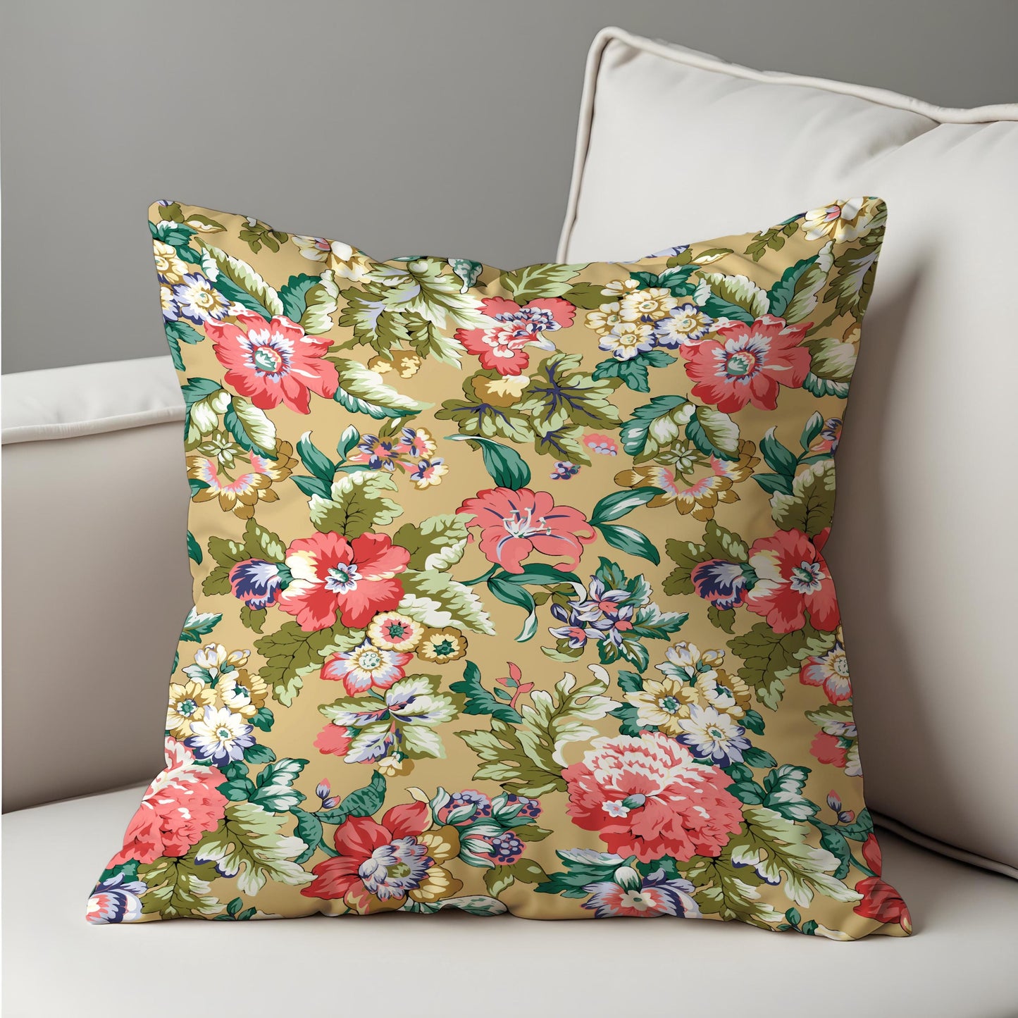 Farmhouse Botanical Cushion Cover, Coral & Cream Floral Print Pillow Cover