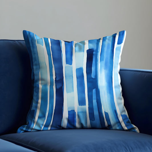 Blue Watercolor Stripe Cushion Cover, Abstract Modern Throw Pillow Cover
