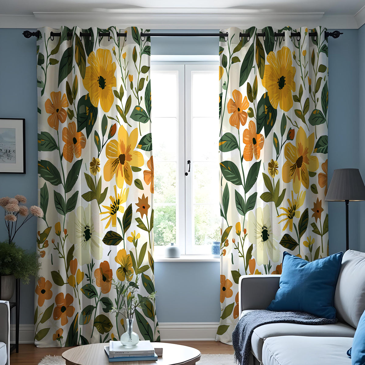 Yellow Floral Print Curtains, Summer Botanical Drapes