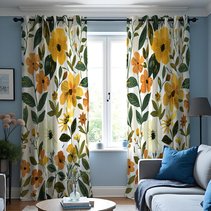 Yellow Floral Print Curtains, Summer Botanical Drapes