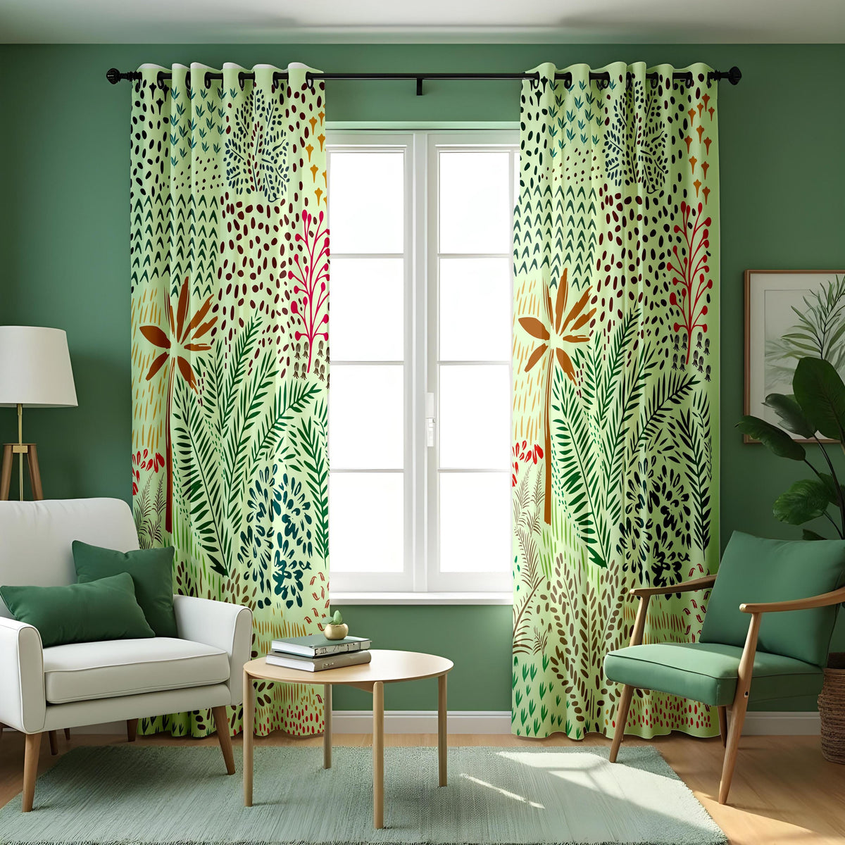 Green Tropical Palm Curtains, Botanical Leaf Print Drapes