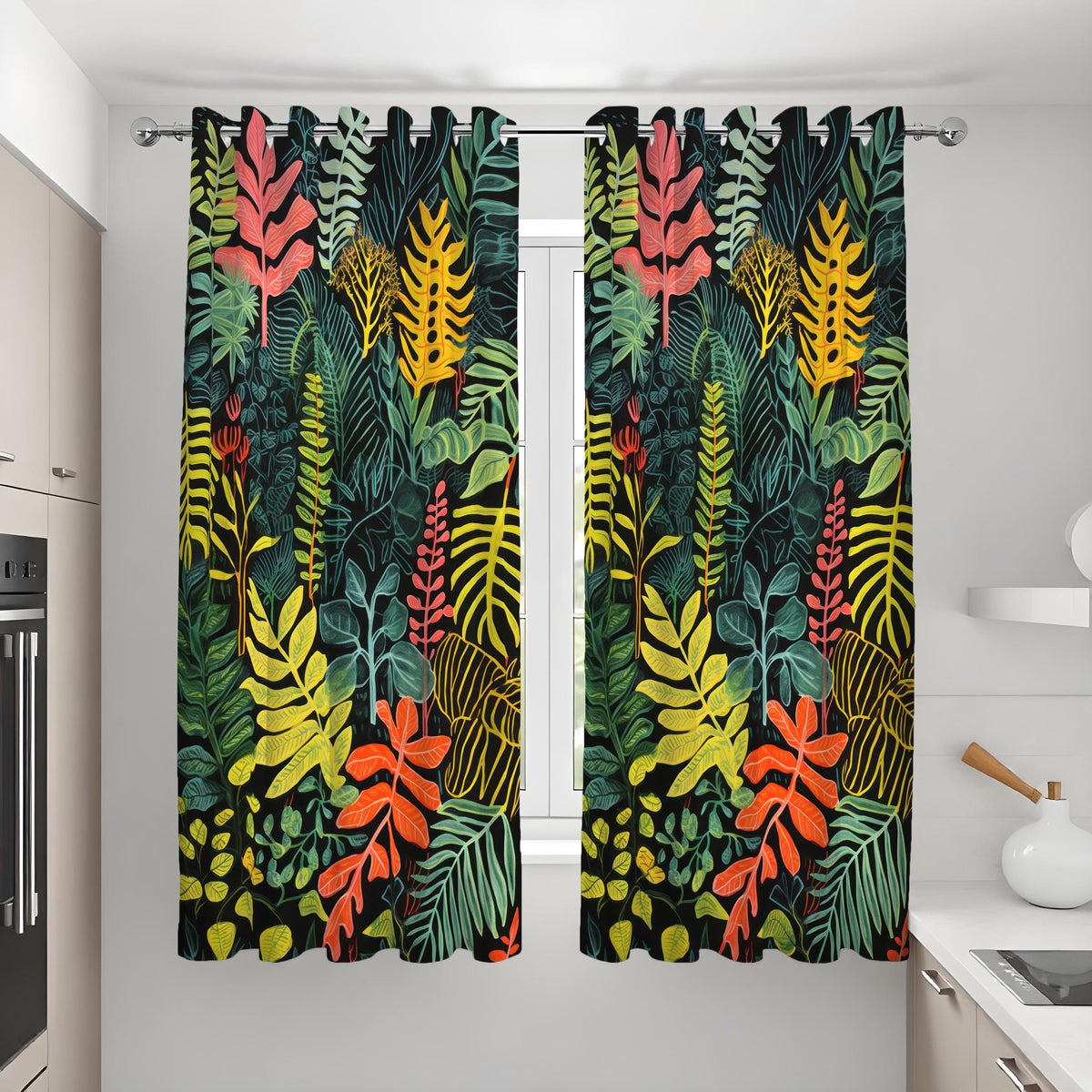 Colorful Tropical Leaf Curtains, Jungle Botanical Drapes