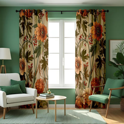 Autumn Orange Floral Curtains, Vintage Botanical Drapes