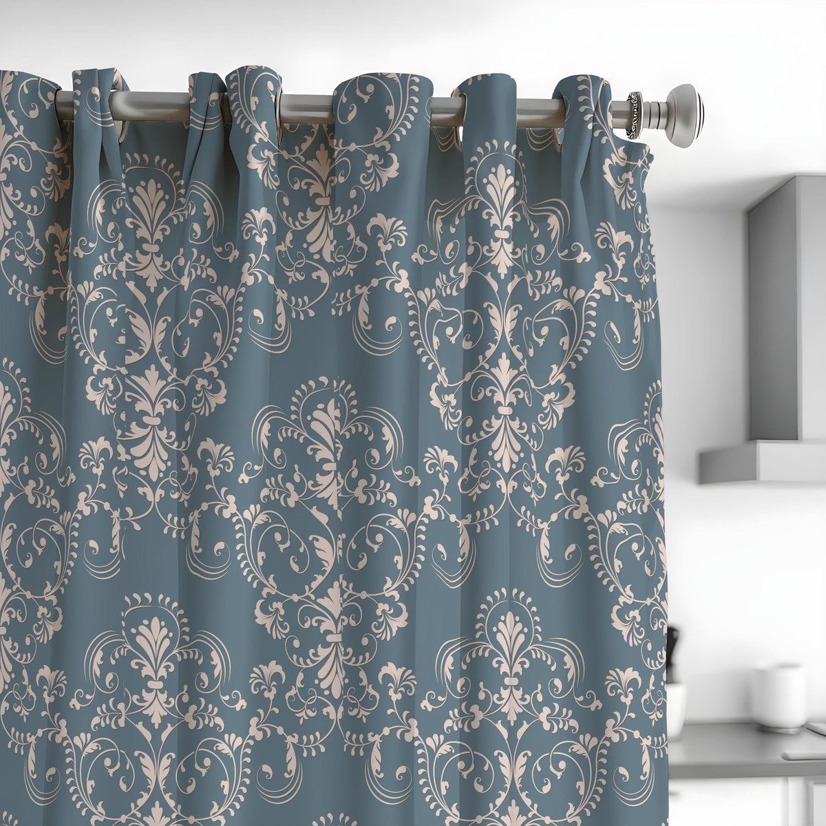 Blue Beige Damask Curtains, Farmhouse Custom Size Drapes