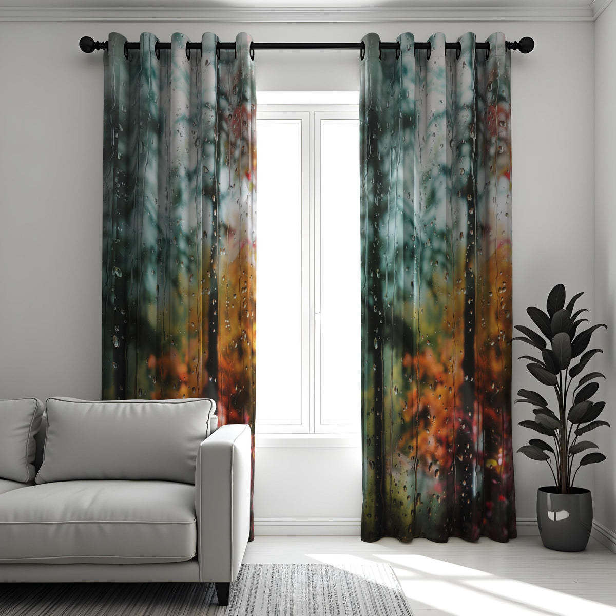 Rainy Window Autumn Forest Curtains, Nature Print Drapes