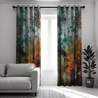 Rainy Window Autumn Forest Curtains, Nature Print Drapes