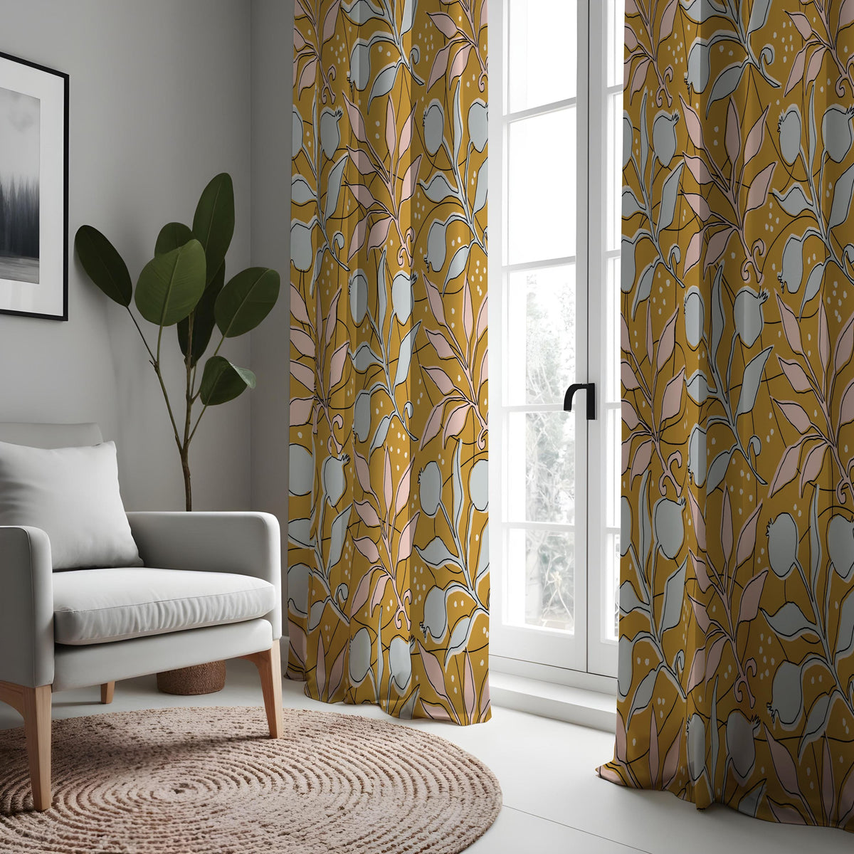 Mustard Botanical Curtains, Retro Mid Century Leaf Drapes