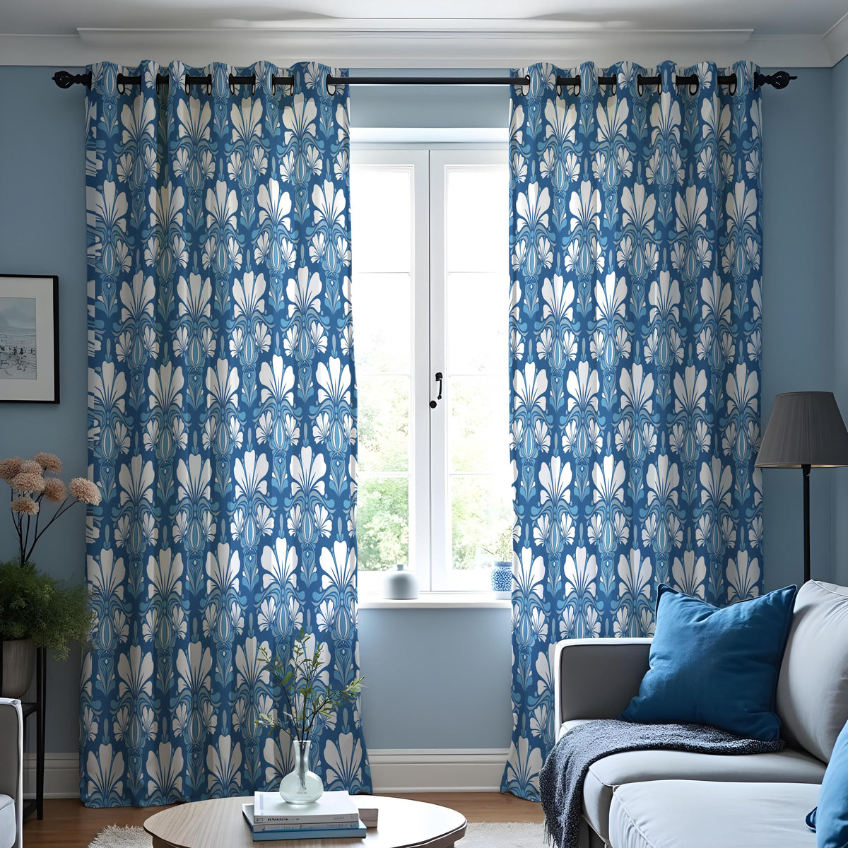 Blue Art Deco Curtains, Classic Geometric Window Drapes