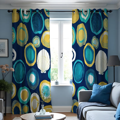 Navy & Teal Nautical Shell Curtains, Coastal Beach Drapes