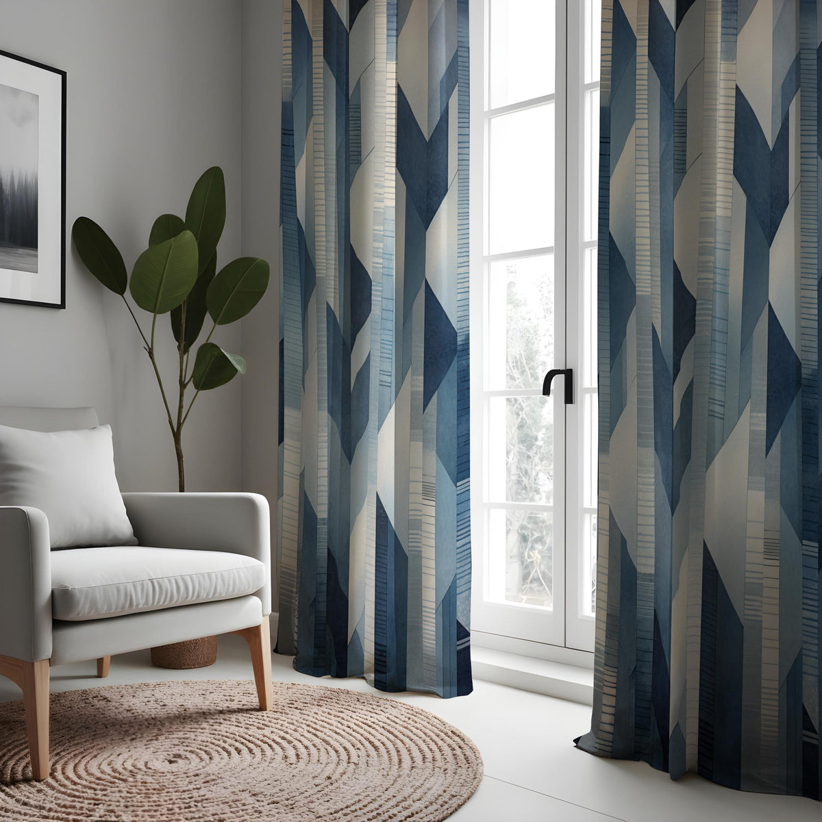 Blue Geometric Curtains, Minimalist Abstract Custom Drapes