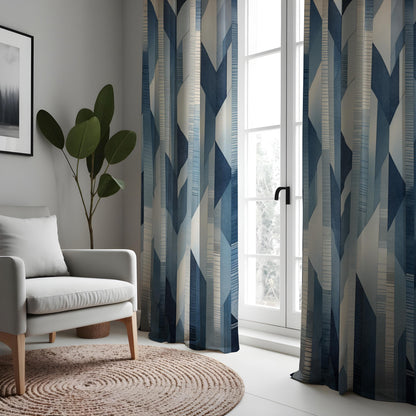 Blue Geometric Curtains, Minimalist Abstract Custom Drapes