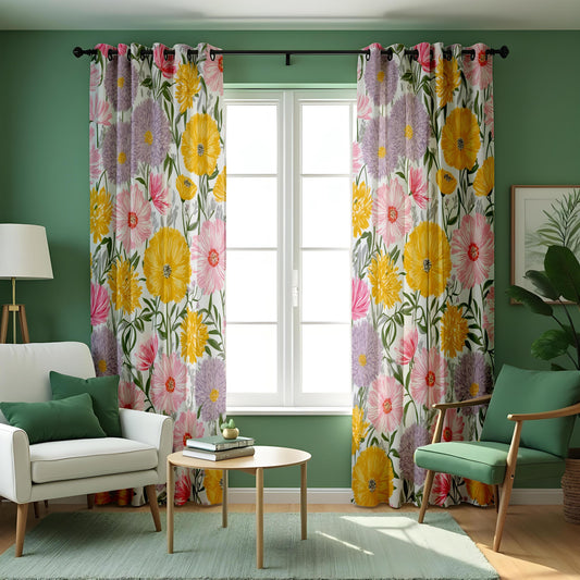 Yellow Floral Curtains, Pink & Lilac Garden Print Drapes