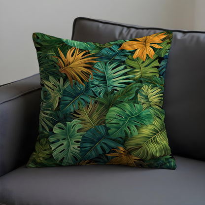 Tropical Leaf Cushion Cover, Green & Mustard Monstera Pillow Case