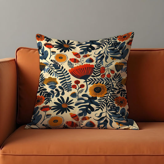Folk Art Floral Cushion Cover, Bold Botanical Print Pillow Case