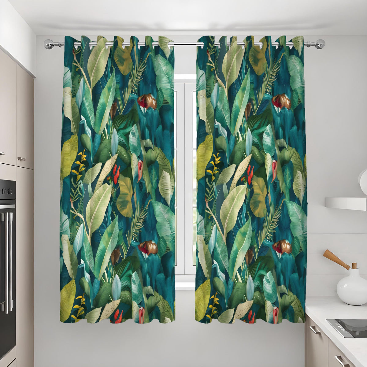 Green Palm Leaf Curtains, Tropical Jungle Botanical Drapes
