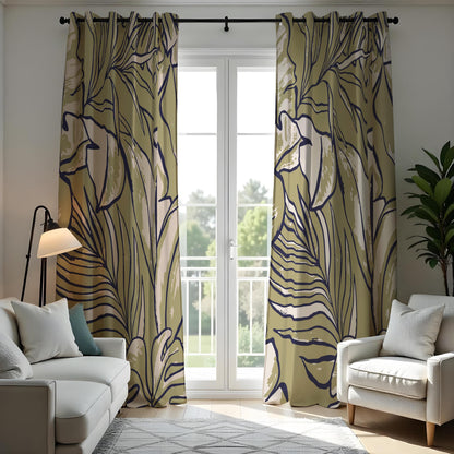 Large Leaf Line Art Curtains, Minimalist Botanical Drapes
