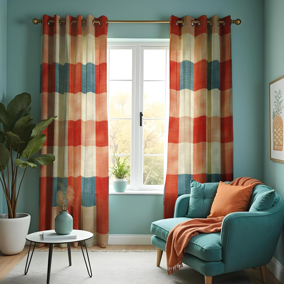 Rustic Earth Tone Striped Curtains, Checkered Boho Drapes