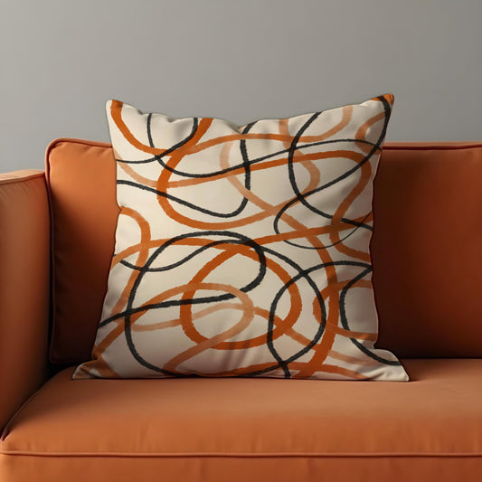Modern Abstract Line Cushion Cover, Black & Rust Scribble Loops Pillow Case