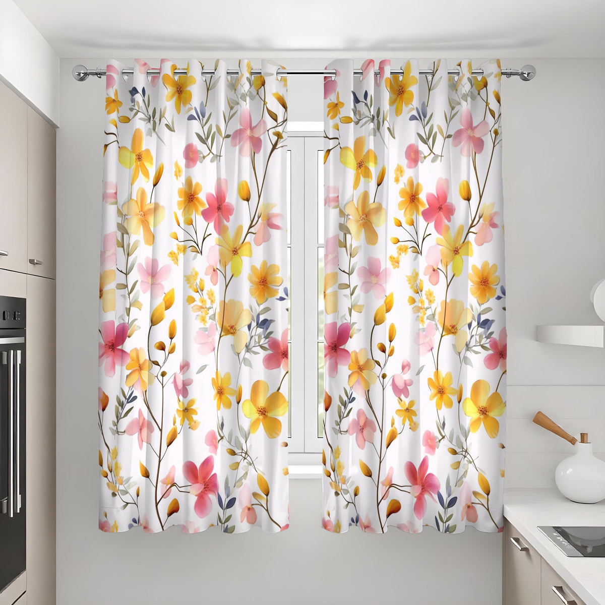 Yellow and Pink Floral Curtains, Watercolor Flower Drapes