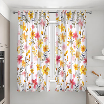 Yellow and Pink Floral Curtains, Watercolor Flower Drapes