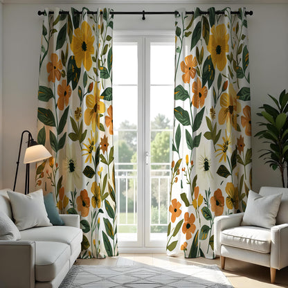 Yellow Floral Print Curtains, Summer Botanical Drapes