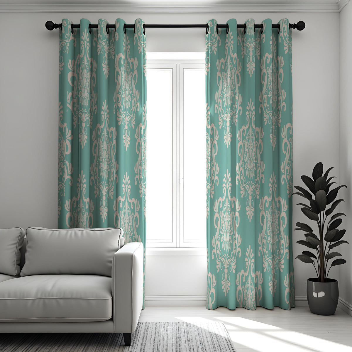 Green Damask Curtains, Classic Pattern Custom Made Drapes