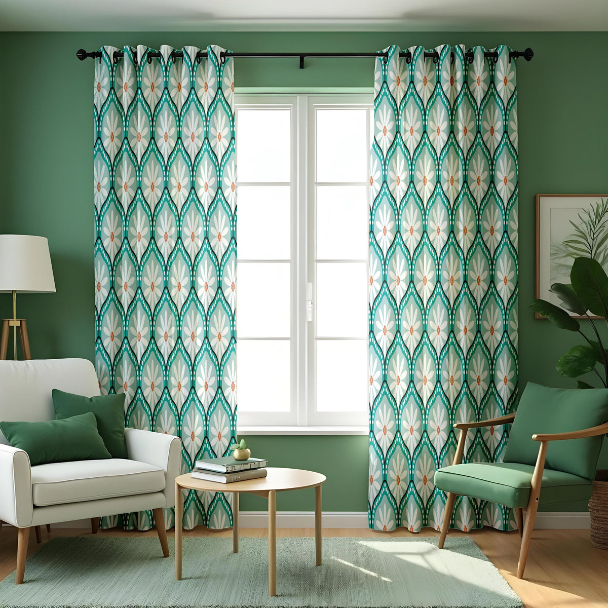 Teal Retro Daisy Curtains, Geometric Floral Window Drapes