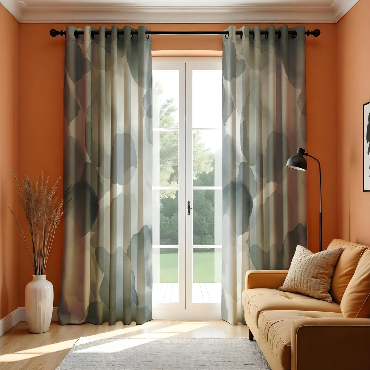 Grey Watercolor Abstract Curtains, Neutral Minimalist Drapes