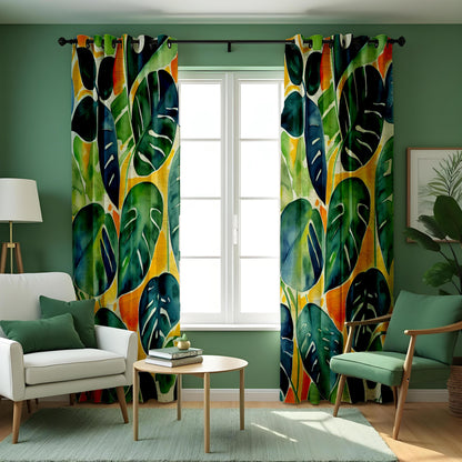 Green Monstera Leaf Curtains, Watercolor Tropical Drapes