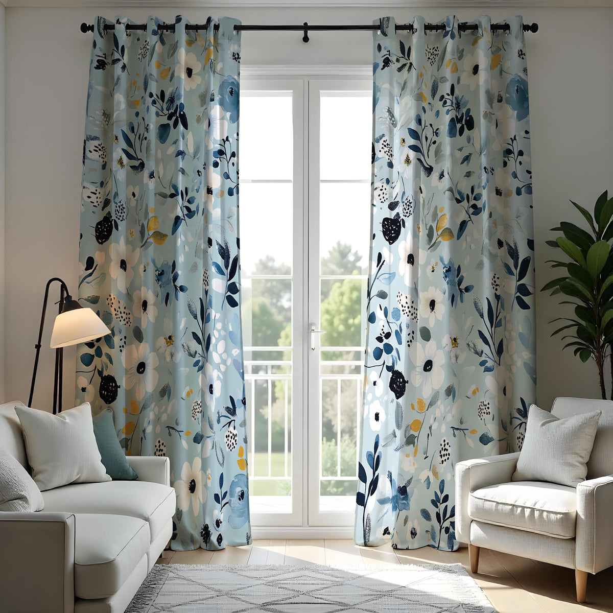 Light Blue Floral Curtains, Navy & White Botanical Drapes
