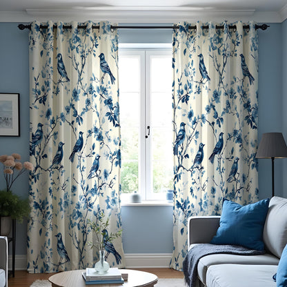 Blue Bird Chinoiserie Curtains, Bird & Branch Drapes