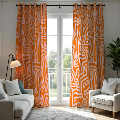 Orange Line Art Curtains, Abstract Geometric Window Drapes
